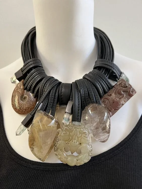 Monies Leather Multi-strand Necklace in Agate and Jade