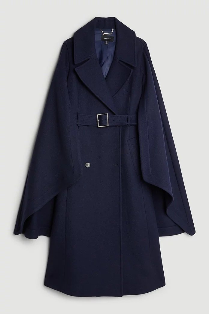 Karen Millen Italian Manteco Wool Blend Cape Sleeve Belted Coat in Navy.jpg