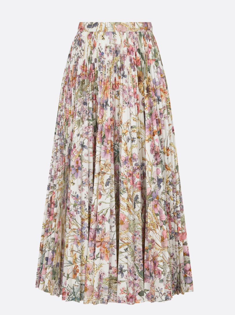 Christian Dior Mid-Length Pleated Skirt in White with Multicolor Dior 4 Saisons Été Motif