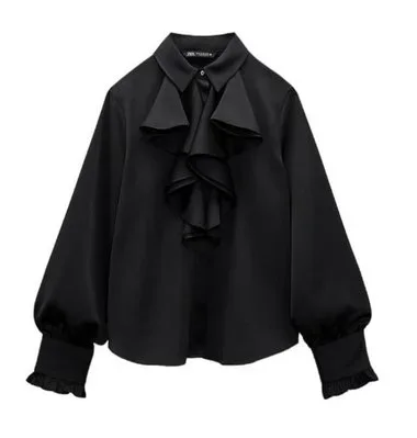 Zara Frill Satin Shirt in Black