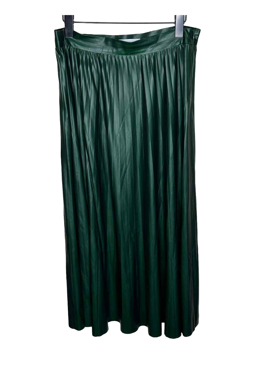 Zara Faux Leather Pleated Midi Skirt in Green.png