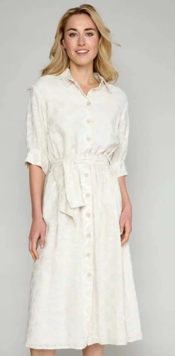 Marie Méro Loose-Fitting Shirt Dress in Beige Jacquard