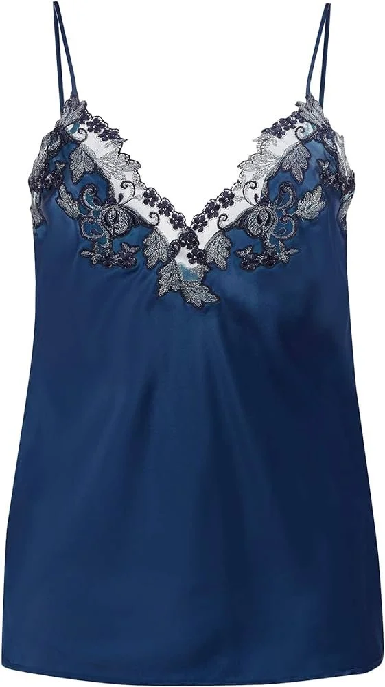 La Perla Silk Satin Camisole with Frastaglio in Petrol Blue