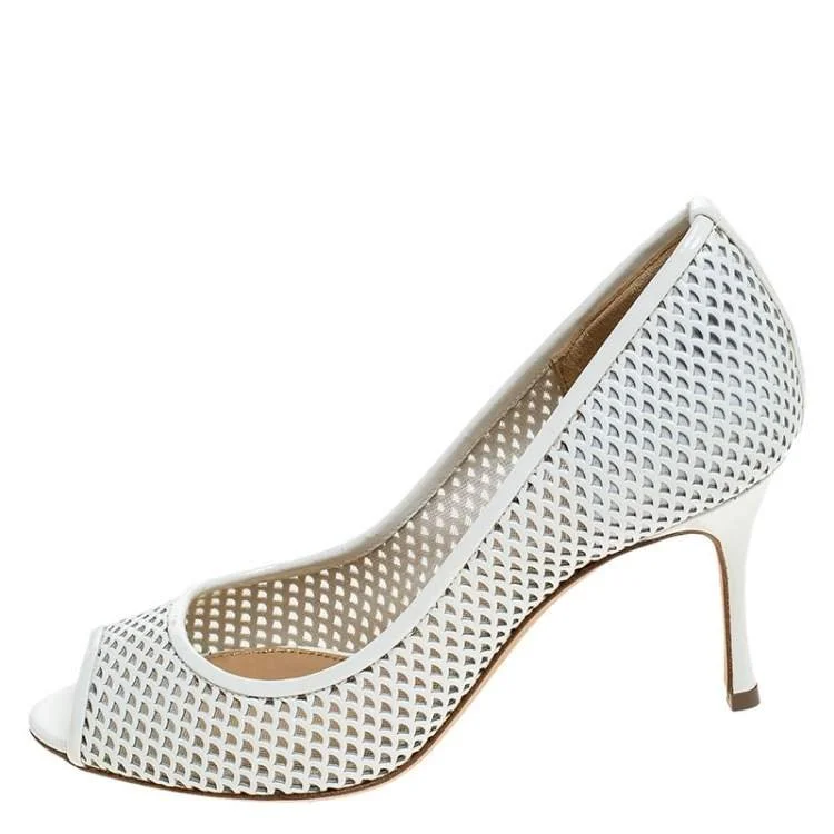 Sergio Rossi Lasercut Peep-Toe Pumps in White