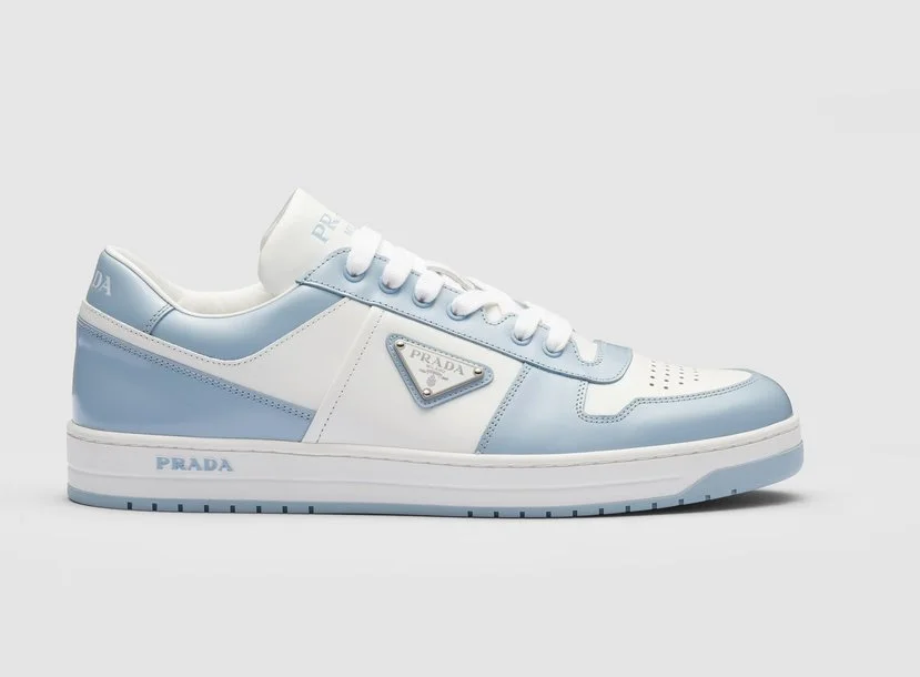 Prada Downtown Leather Sneakers in White/Light Blue