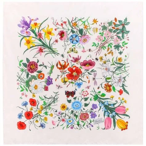 Gucci Flora Print Silk Scarf in White
