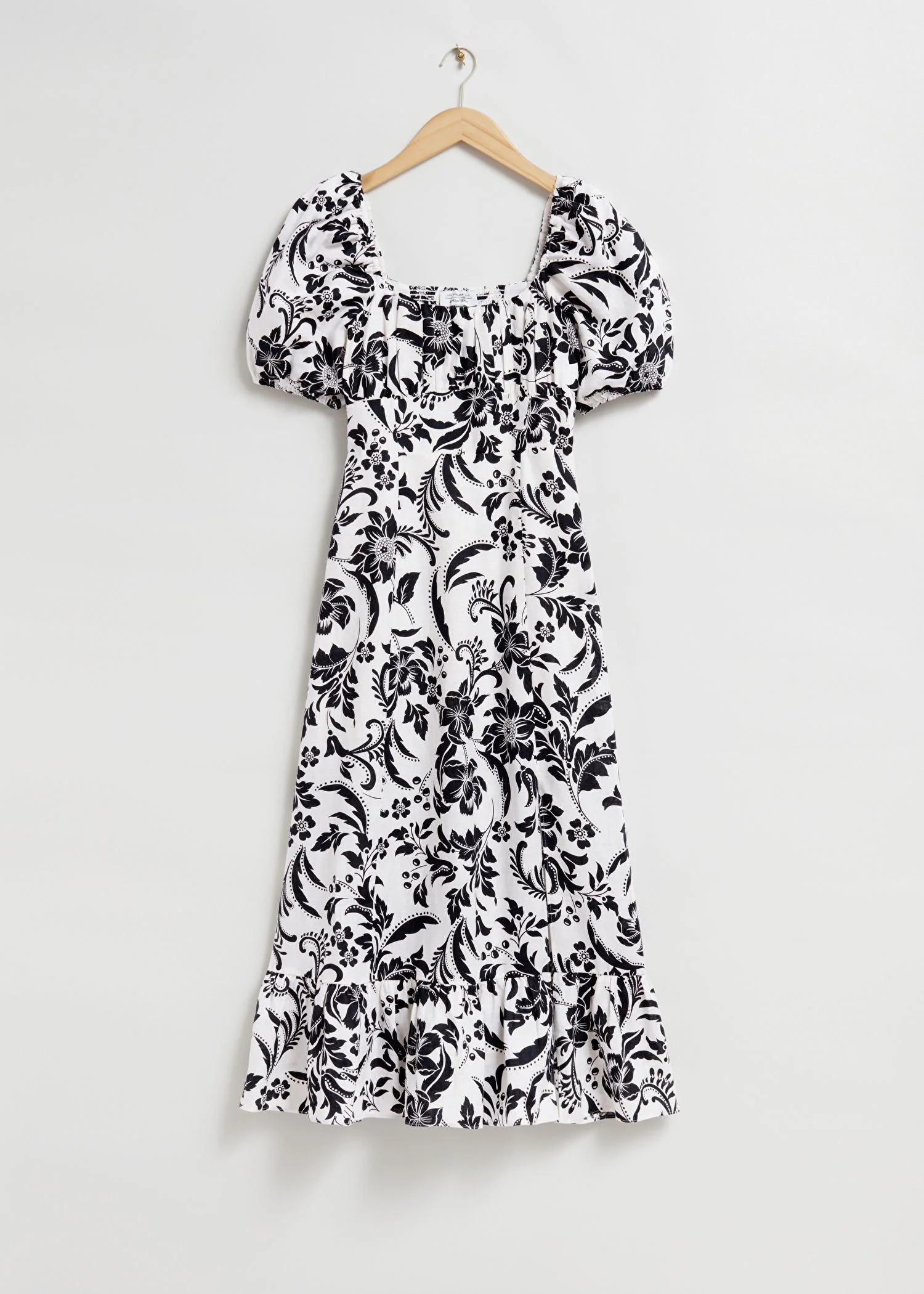 & Other Stories Puff Sleeve Linen Midi Dress in White/Black Botanical Print