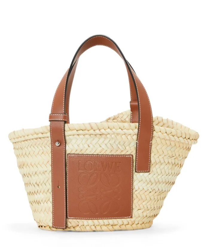 Loewe Small Leather-Trimmed Basket Tote Bag in Tan