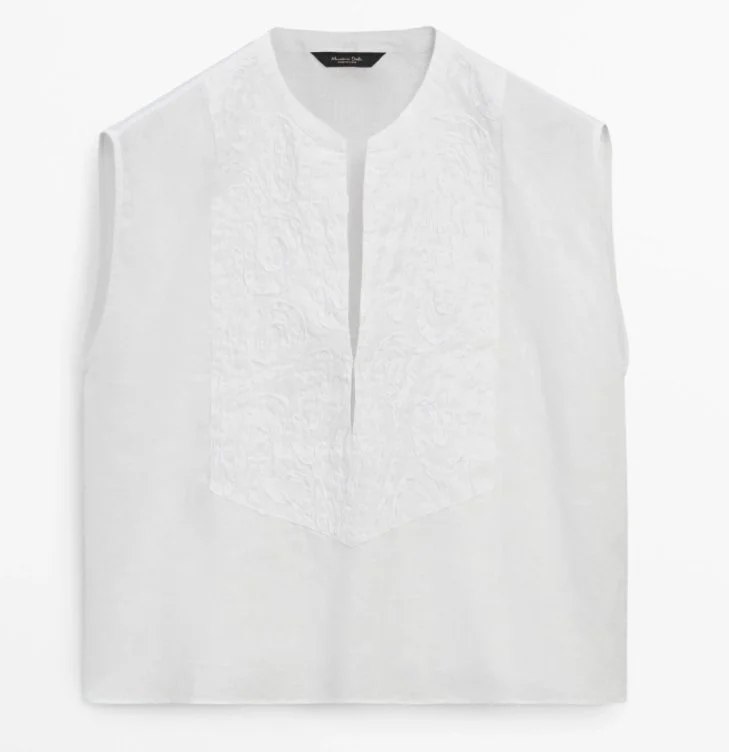 Massimo Dutti Linen Blend Blouse with Front Embroidery
