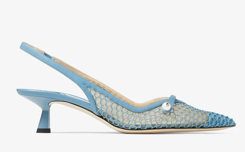 Jimmy Choo Amita 45 Pumps in Smoky Blue Fishnet Mesh and Nappa