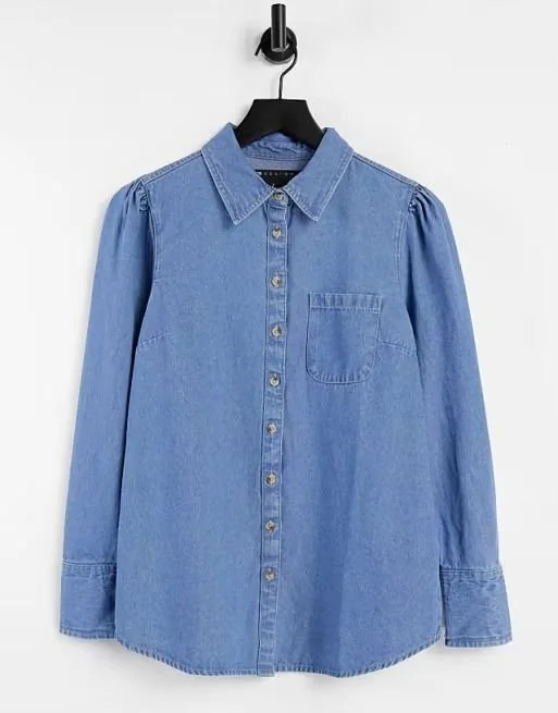 ASOS DESIGN Soft Denim Puff-Sleeve Shirt in Midwash