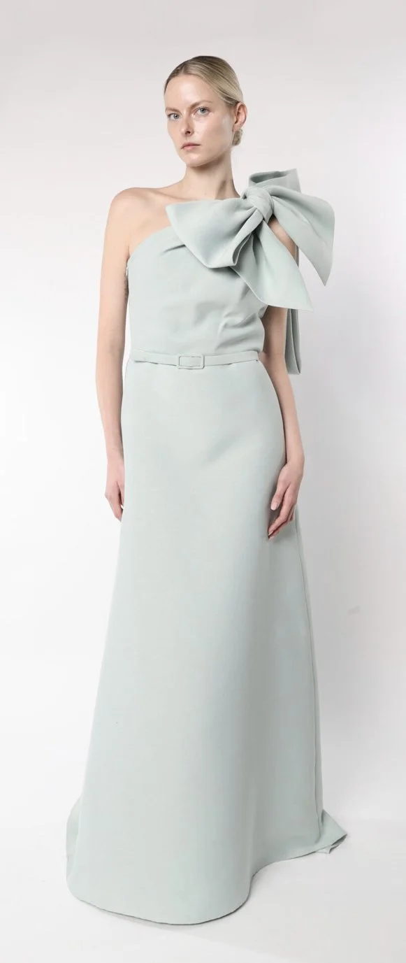 Claes Iversen Audrey Wallis Long Sleeve Gown in Dusty Blue Mikado
