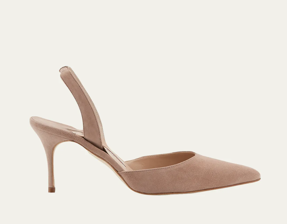 Manolo Blahnik Carolyne 70 Slingback Pumps in Beige Suede