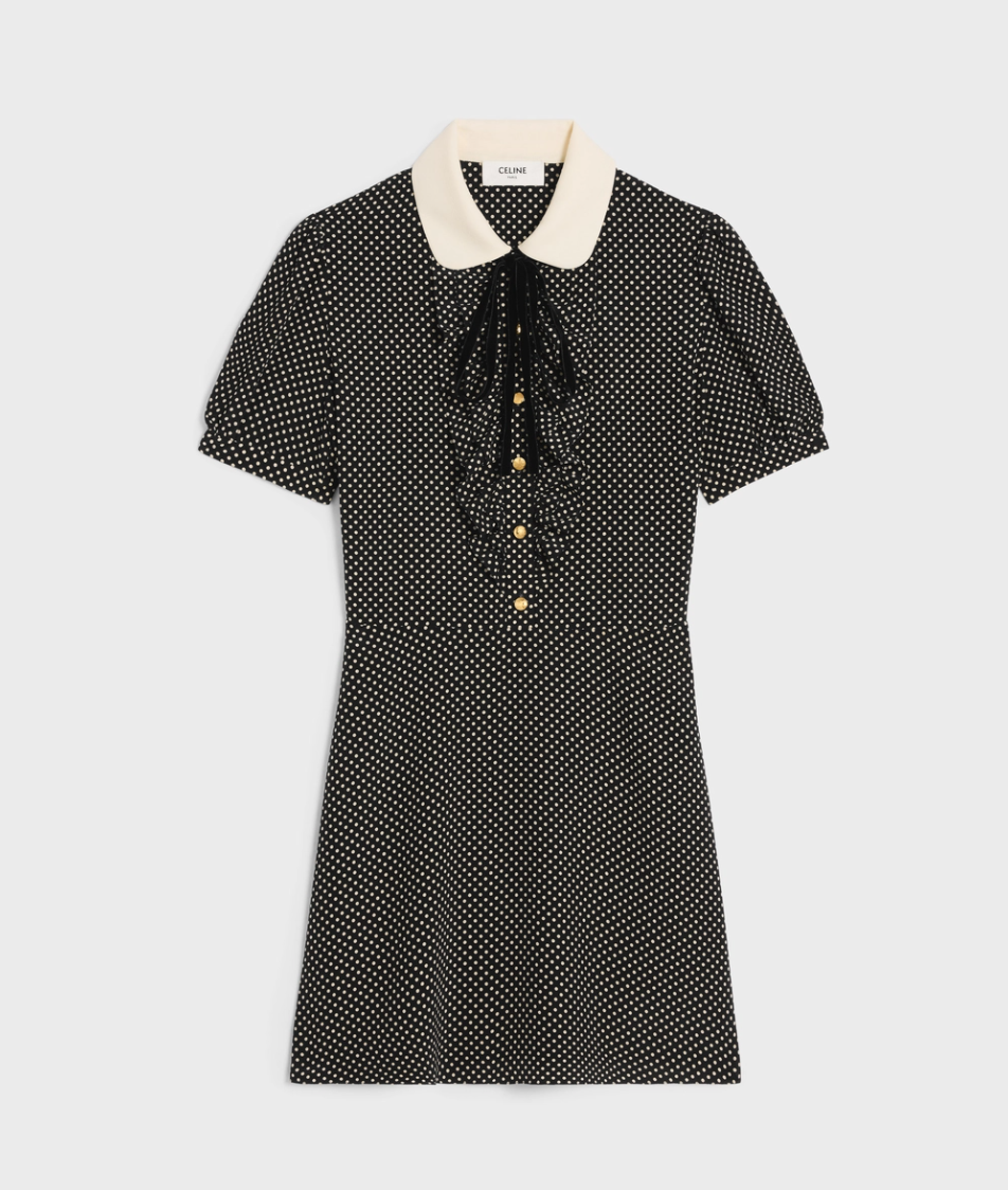 Celine Babydoll Mini Dress in Noir/Ivoire Crepe de Chine