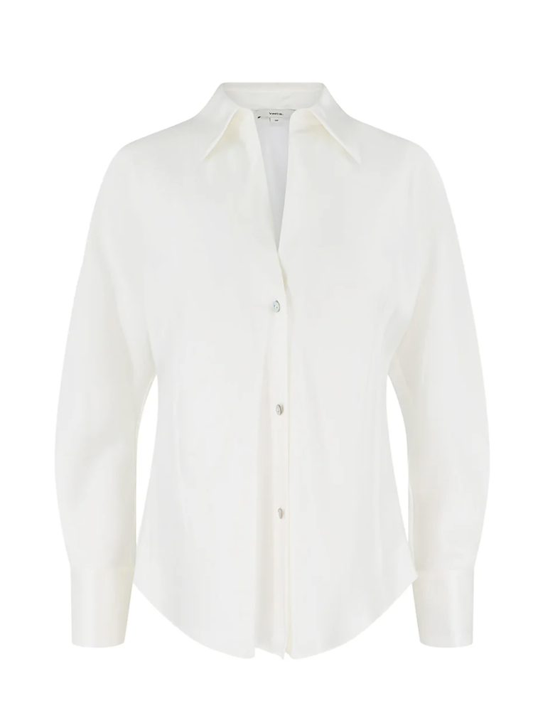 PRENDA☆LACE NECK BUTTON LONG SLEEVE Vince Silk Shaped Long Sleeve Band Collar Blouse in Vicuna