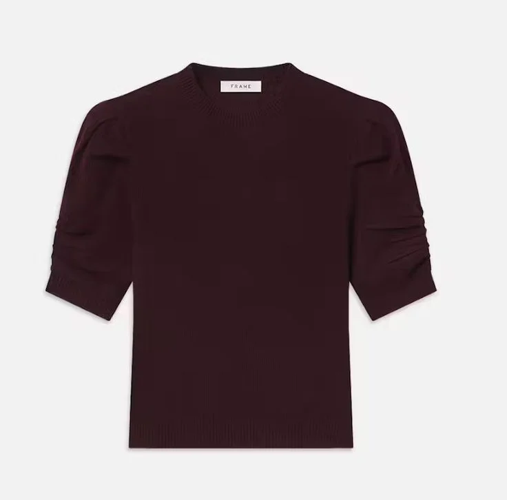 Frame Ruched Sleeve Cashmere Sweater in Wine