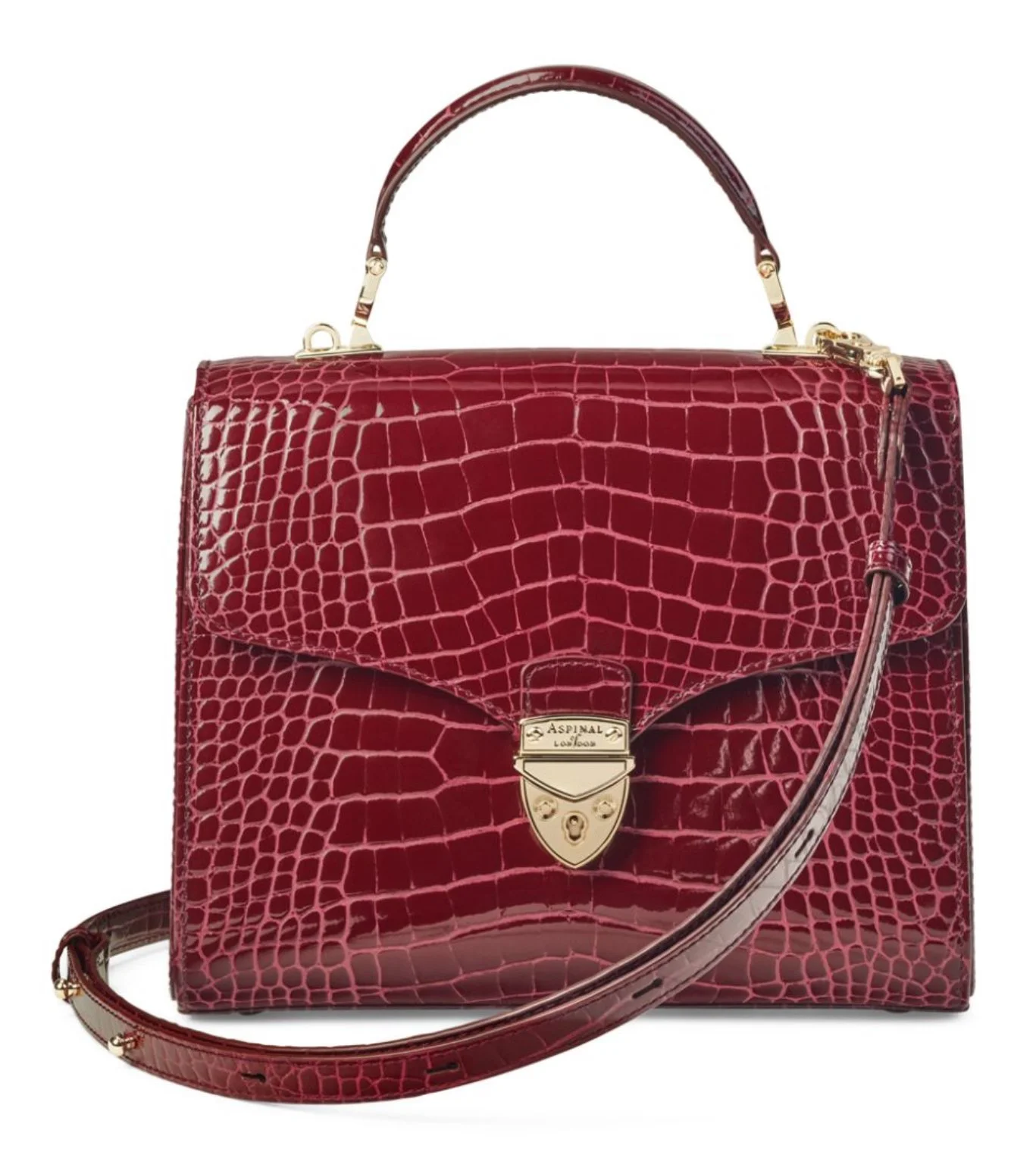 Aspinal of London Midi Mayfair Bag in Burgundy Patent Croc