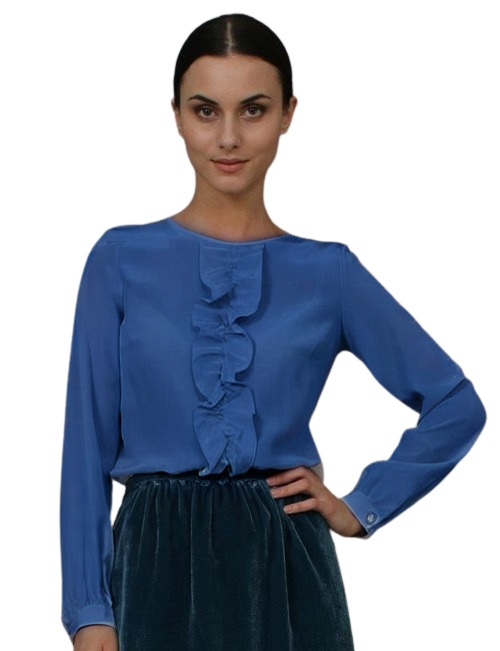 Elise Gug Long Sleeve Ruffle Blouse in Petrol