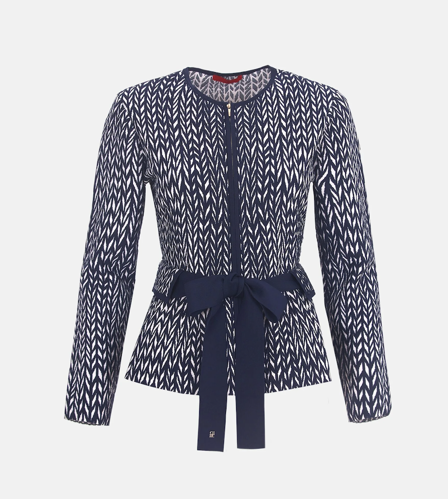 Carolina Herrera Jacquard Peplum Jacket with Belt in Navy/Ivory