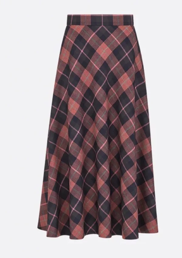 Christian Dior Flared Mid-Length Skirt in Pink, Gray and White Check'n'Dior Virgin Wool