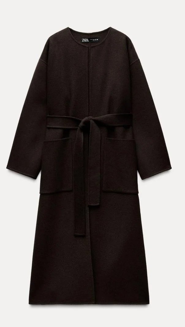 Zara ZW Collection Wool Blend Belted Coat in Brown