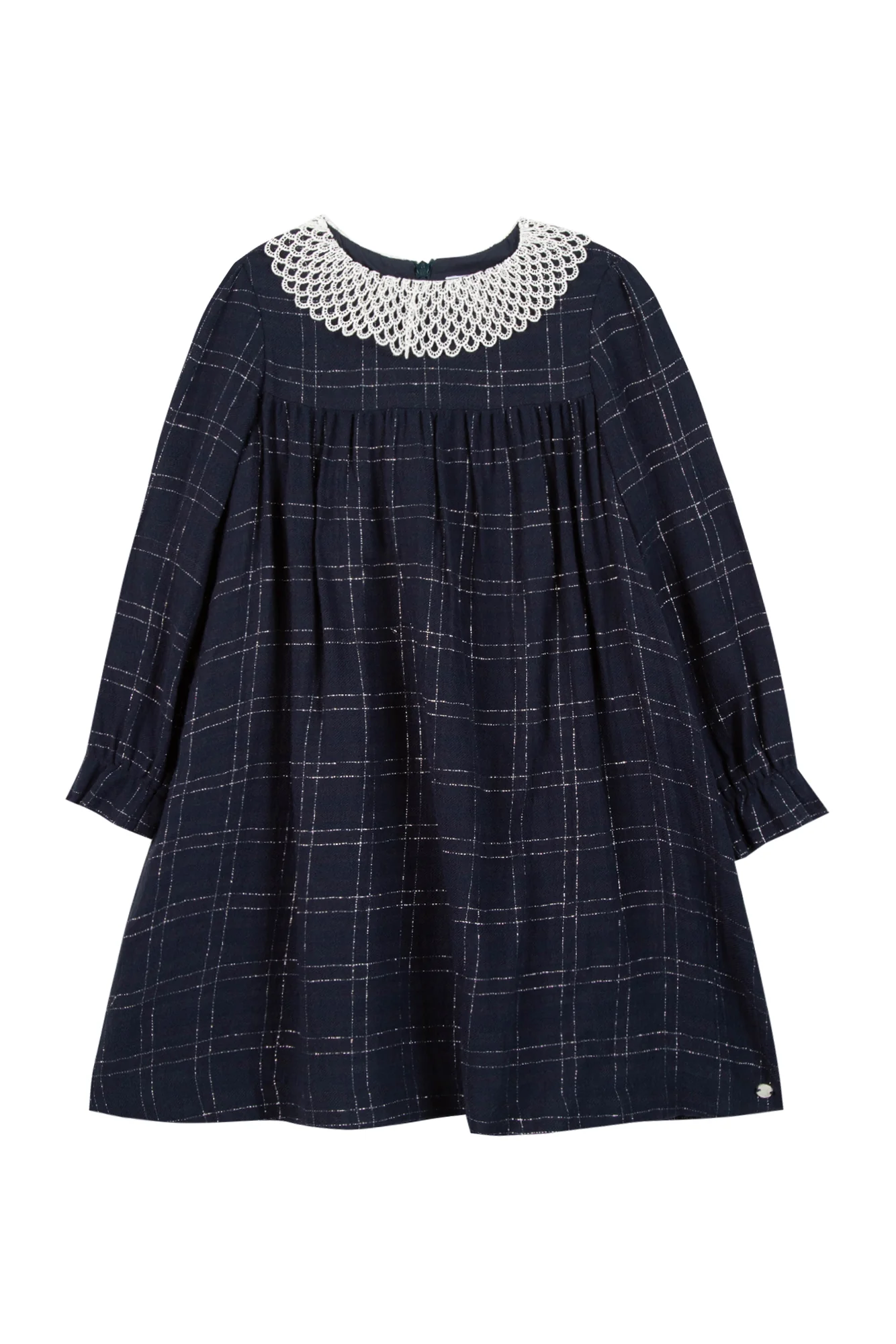 Tartine et Chocolat Embroidered-Collar Dress in Navy with Golden Thread