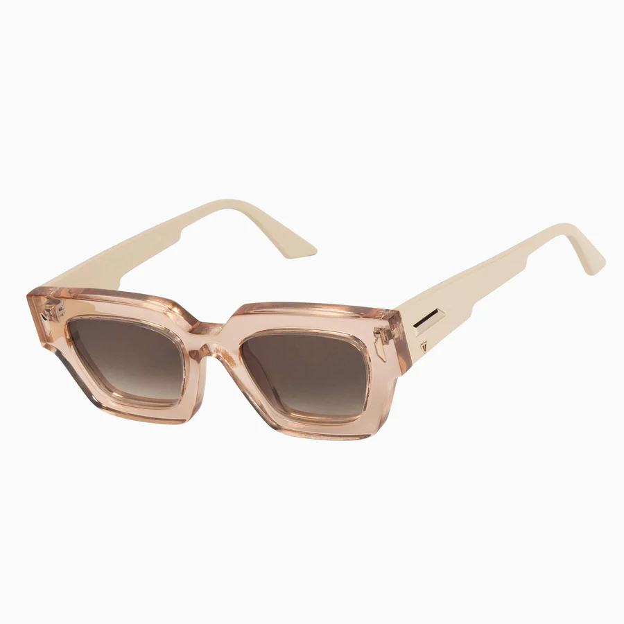 Valley Eyewear Ghost Sunglasses in Transparent Sand Almond Temples w. Gold Metal Trim Brown Gradient Lens.png