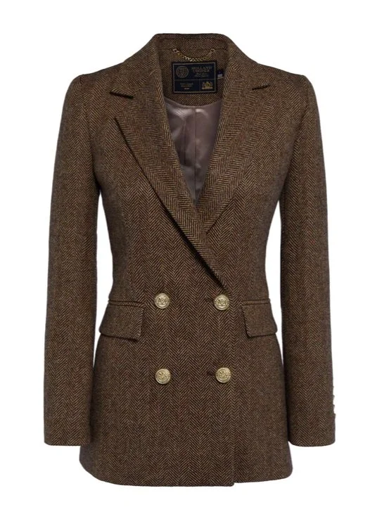 Holland Cooper Double Breasted Blazer in Large Scale Brown Herringbone