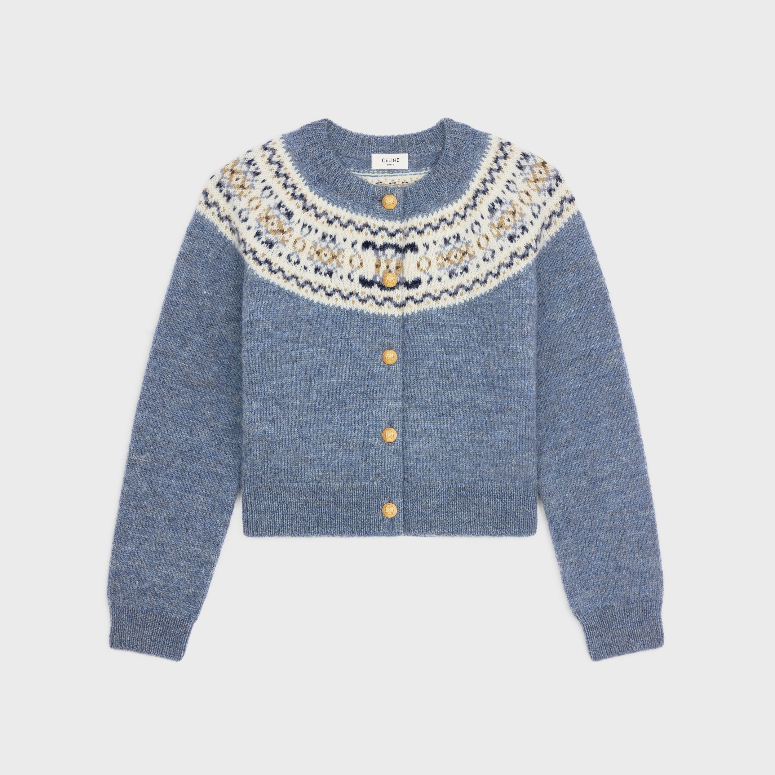 Celine Triomphe Fair Isle Wool Cardigan in Blue.jpg