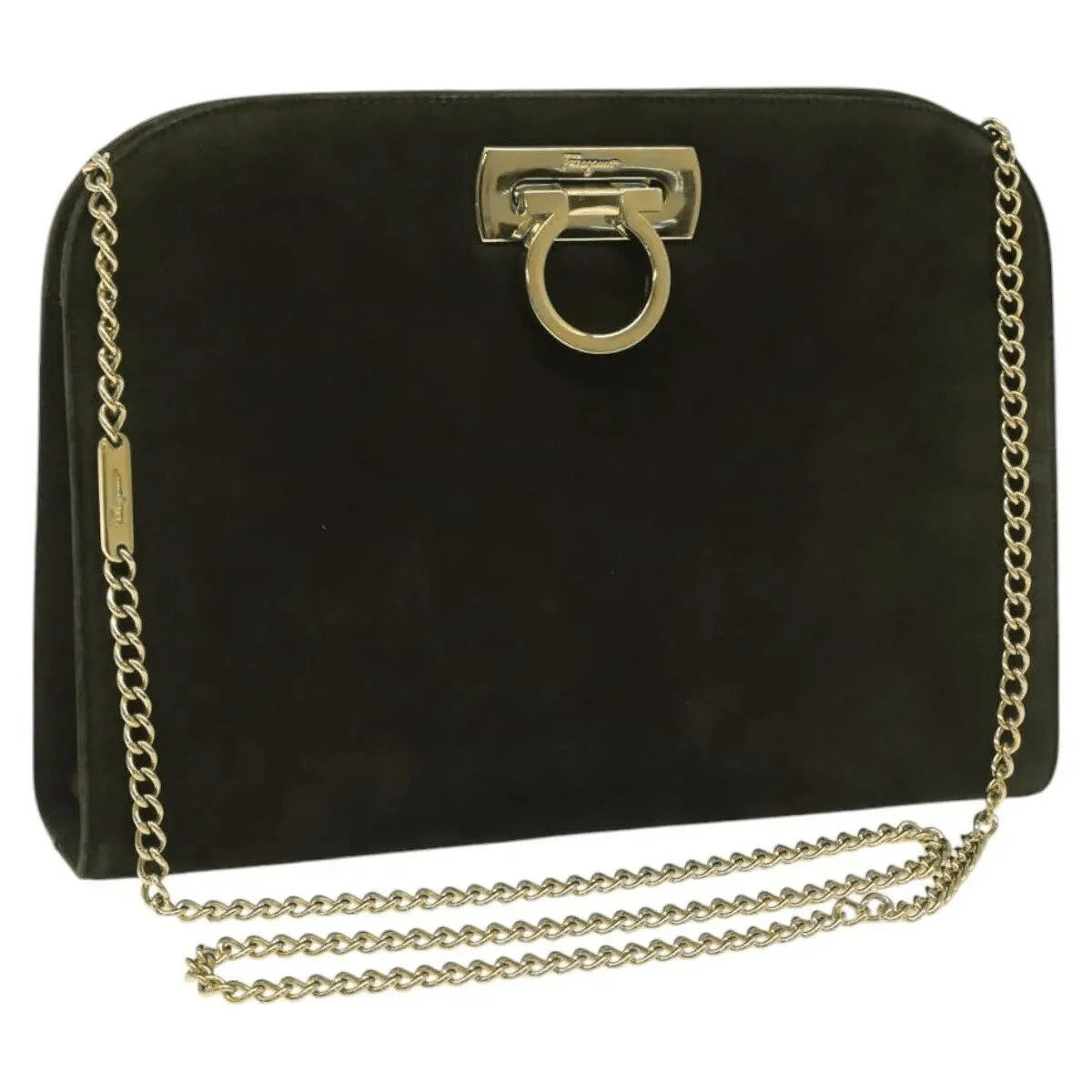 Salvatore Ferragamo Gancini Chain Shoulder Bag in Black Suede