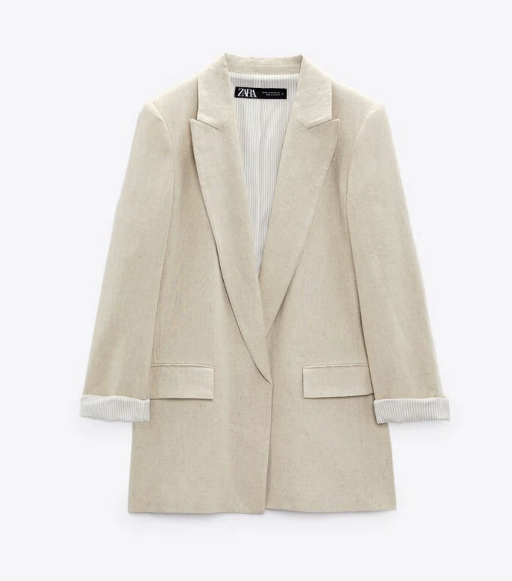 Zara Linen Blazer with Rolled-Up Sleeves in Natural