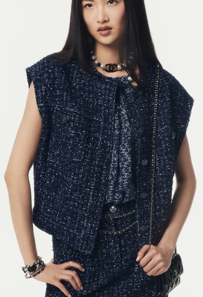 Chanel Glittered Tweed Vest in Navy Blue &amp; White