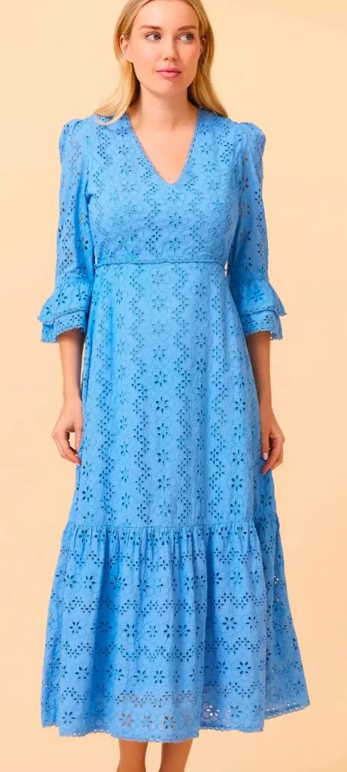 Aspiga Victoria V-Neck Dress in Blue Broderie