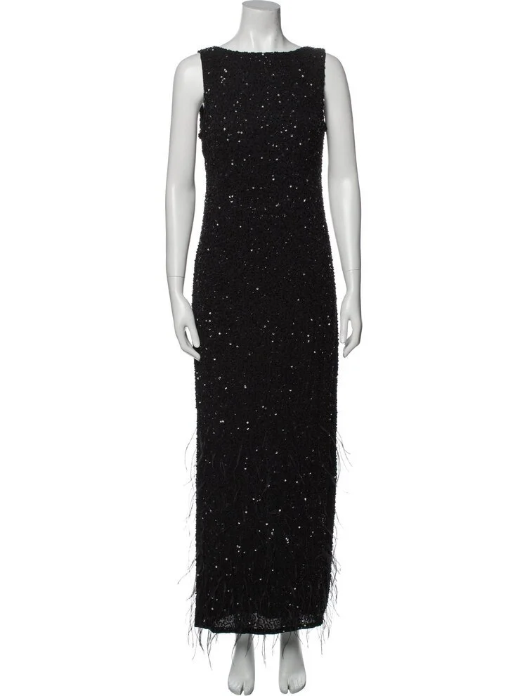 Haute Hippie Beaded Feather Sleeveless Gown in Black