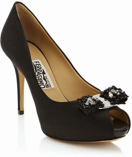 Salvatore Ferragamo Selaby Peep Toe Pumps in Black Satin