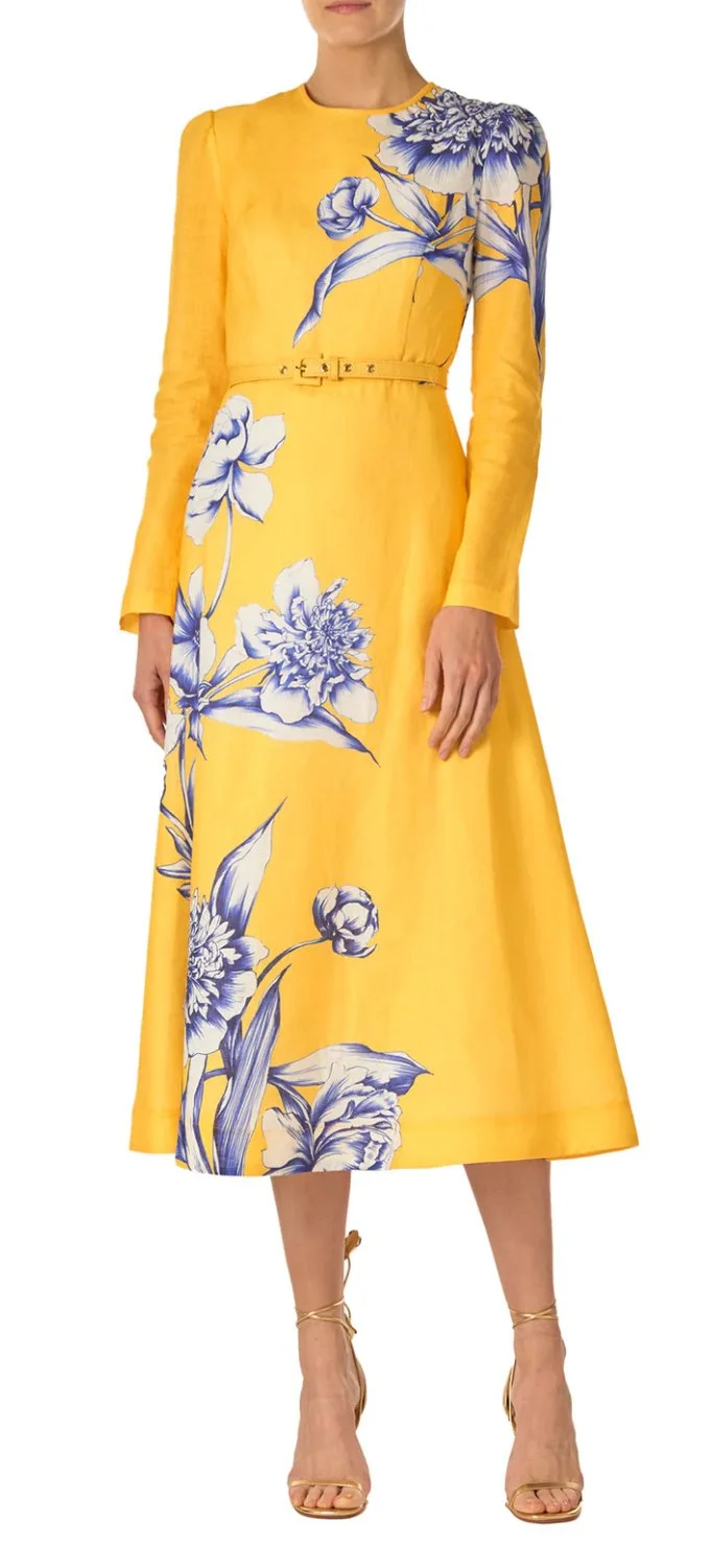 Monique Lhuillier Long Sleeve Floral Day Dress in Sunflower/Multi