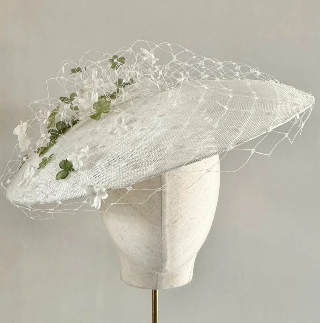 Jane Taylor Pomona Hat in Sinamay with Veiling and Clovers