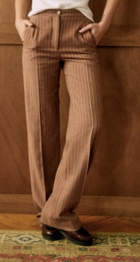 Sézane Martin Trousers in Ecru/Brown Stripes