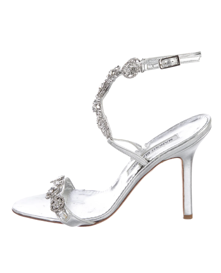 Sandales Manolo Blahnik CHAMOSCA 105 Argent à Cristaux - Pointure 40,5 - Neufes Avec Boîte