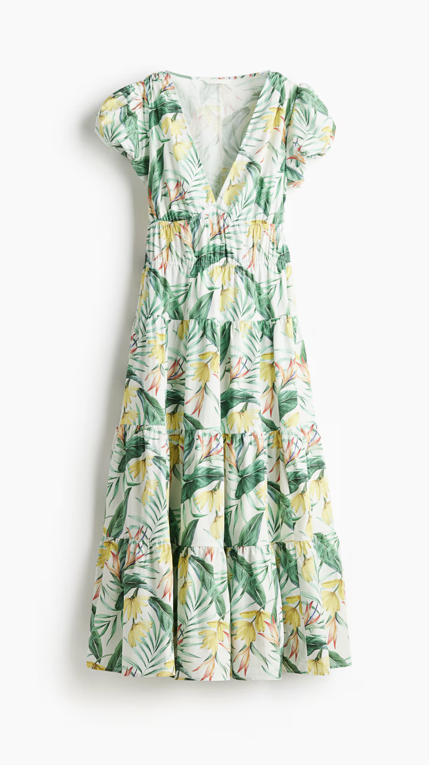 H&M Tiered-Skirt Poplin Dress in White/Floral