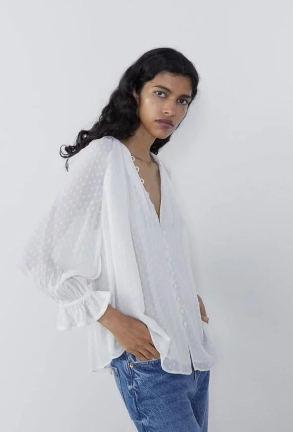 mayu（感謝） Zara White Button-Up Dotted Mesh Top — UFO No More