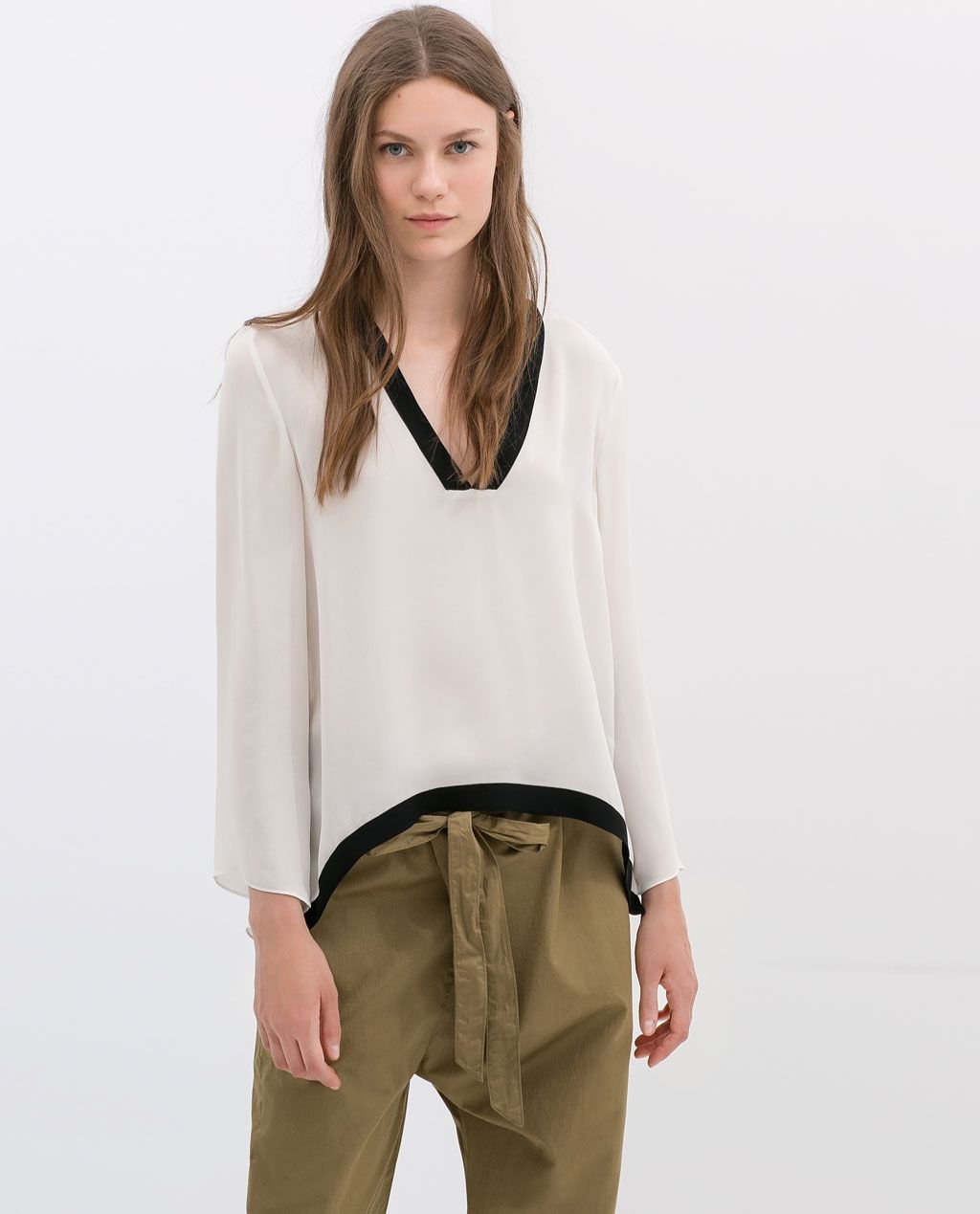 Zara V-Neck Contrast Trim Blouse