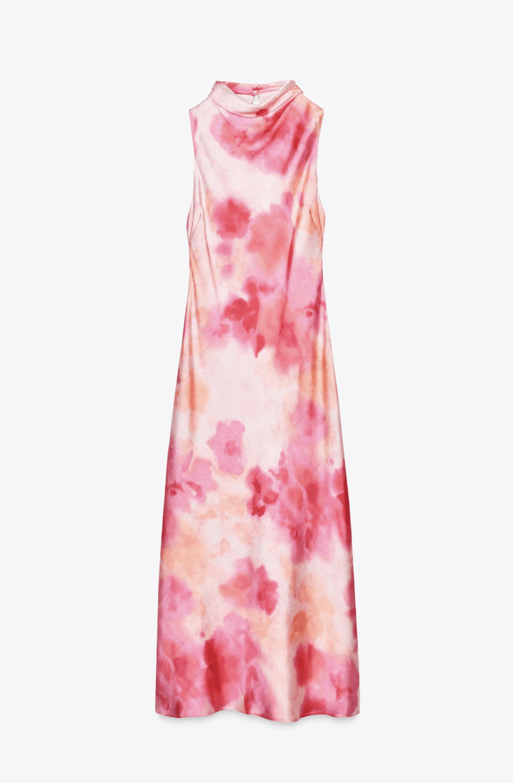 zara pink tie dye dress Zara Pink White Multi Tie Dye Print Midi Satin Dress Size M BNWT 8346/201
