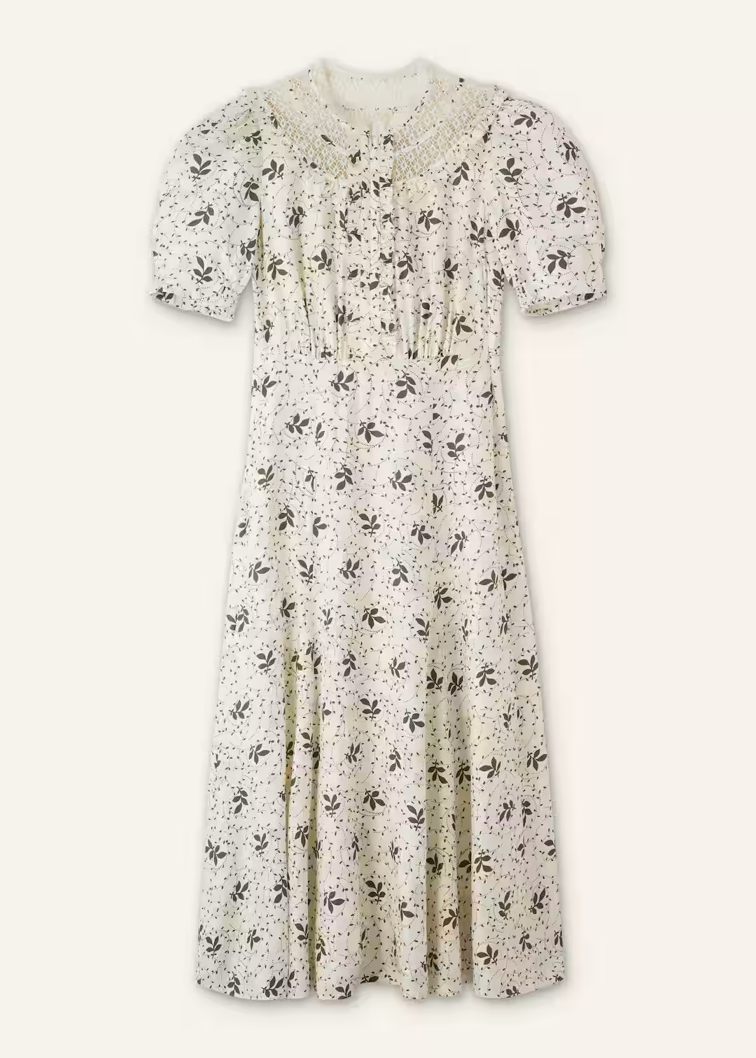 ME and EM Silk-Blend Swirling Leaf Print Midi Tea Dress in Light Cream Green.png
