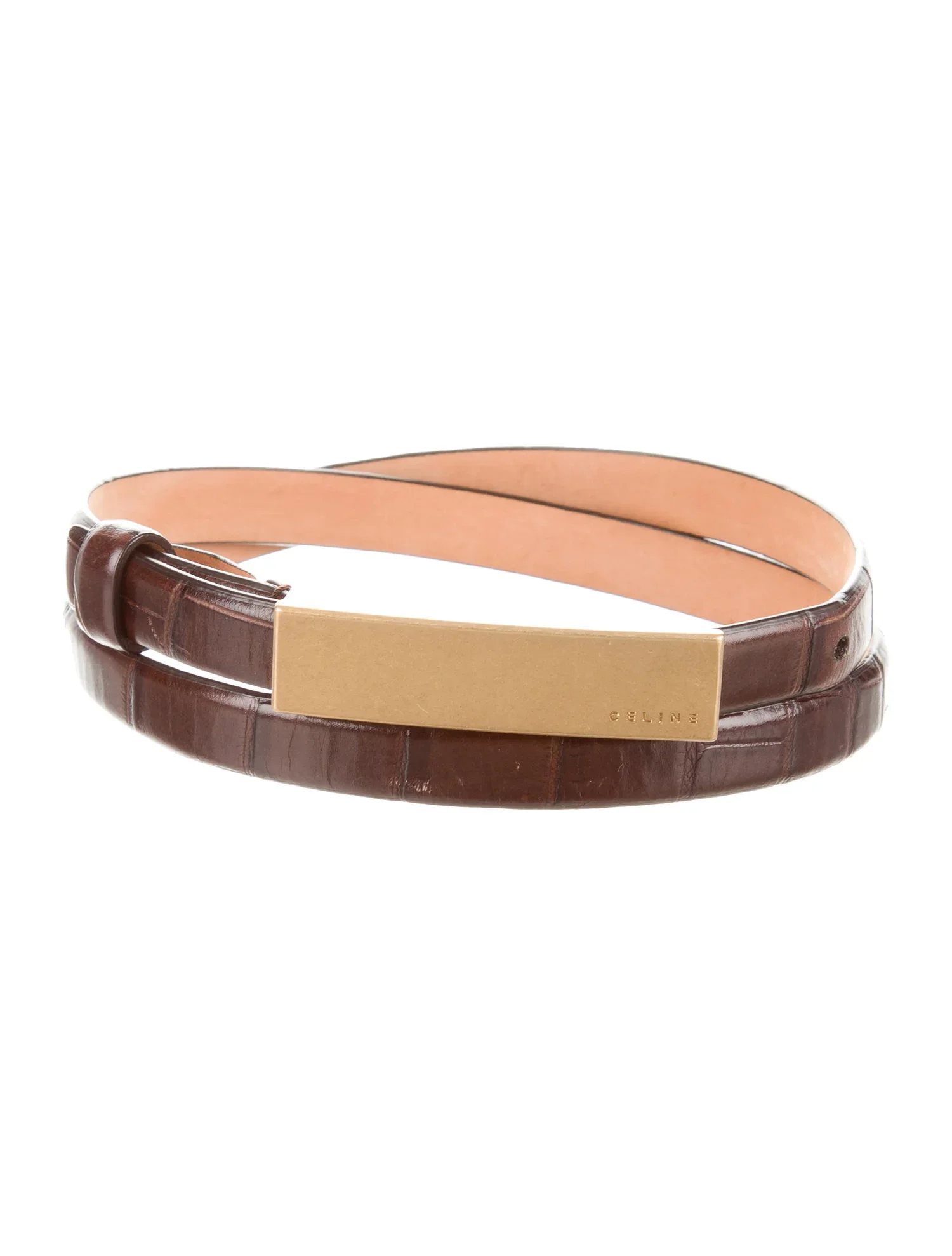 Celine Leather Thin Belt in Brown Embossed