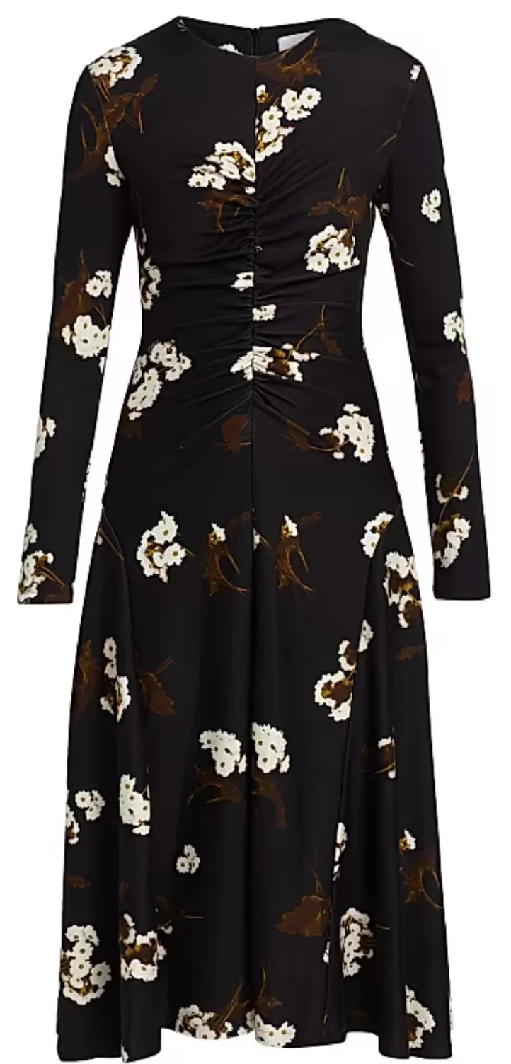 Erdem Ruched Long Sleeve Midi Dress in Elena Garden Black