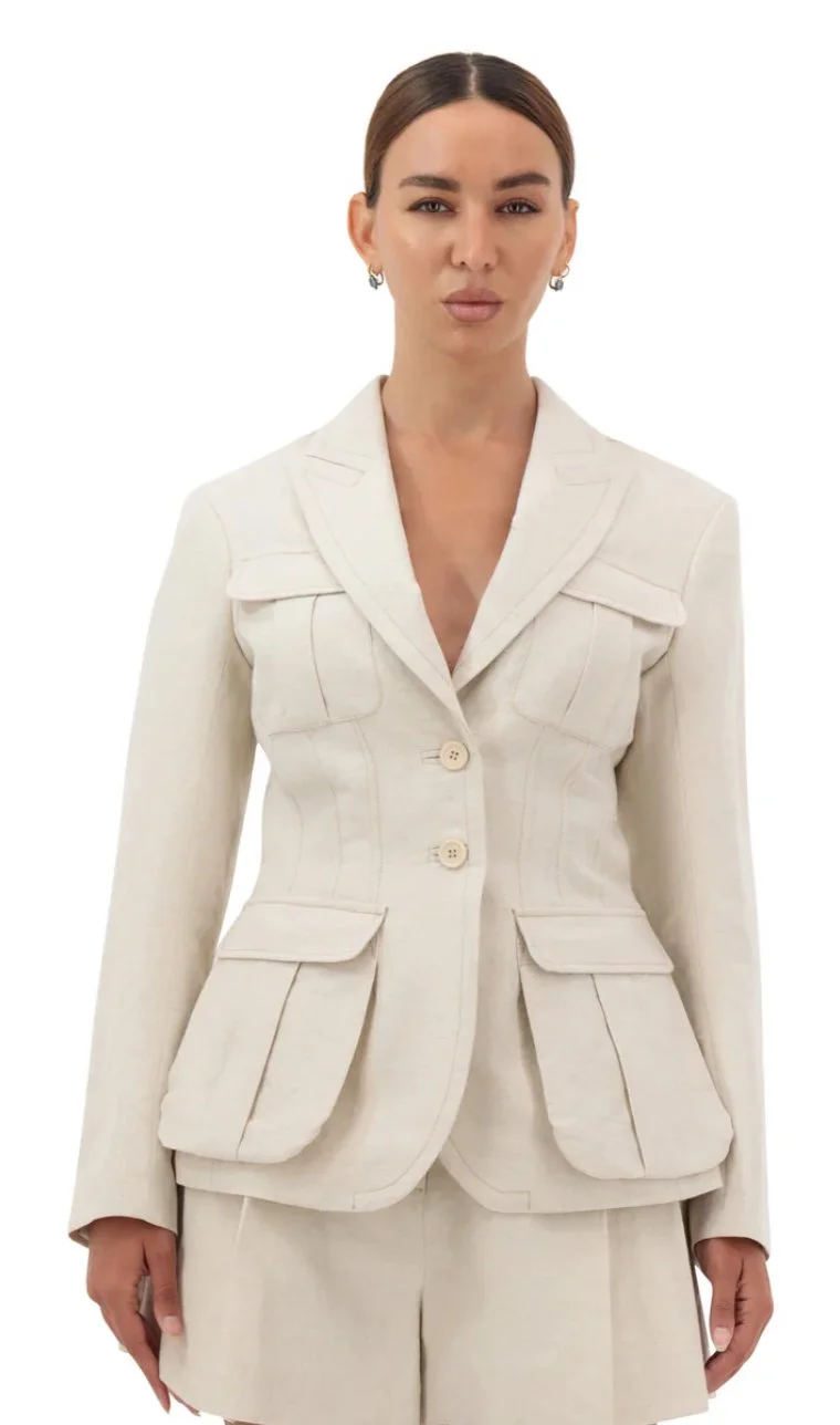 Dina Shaker Military Back Pleats Linen Jacket