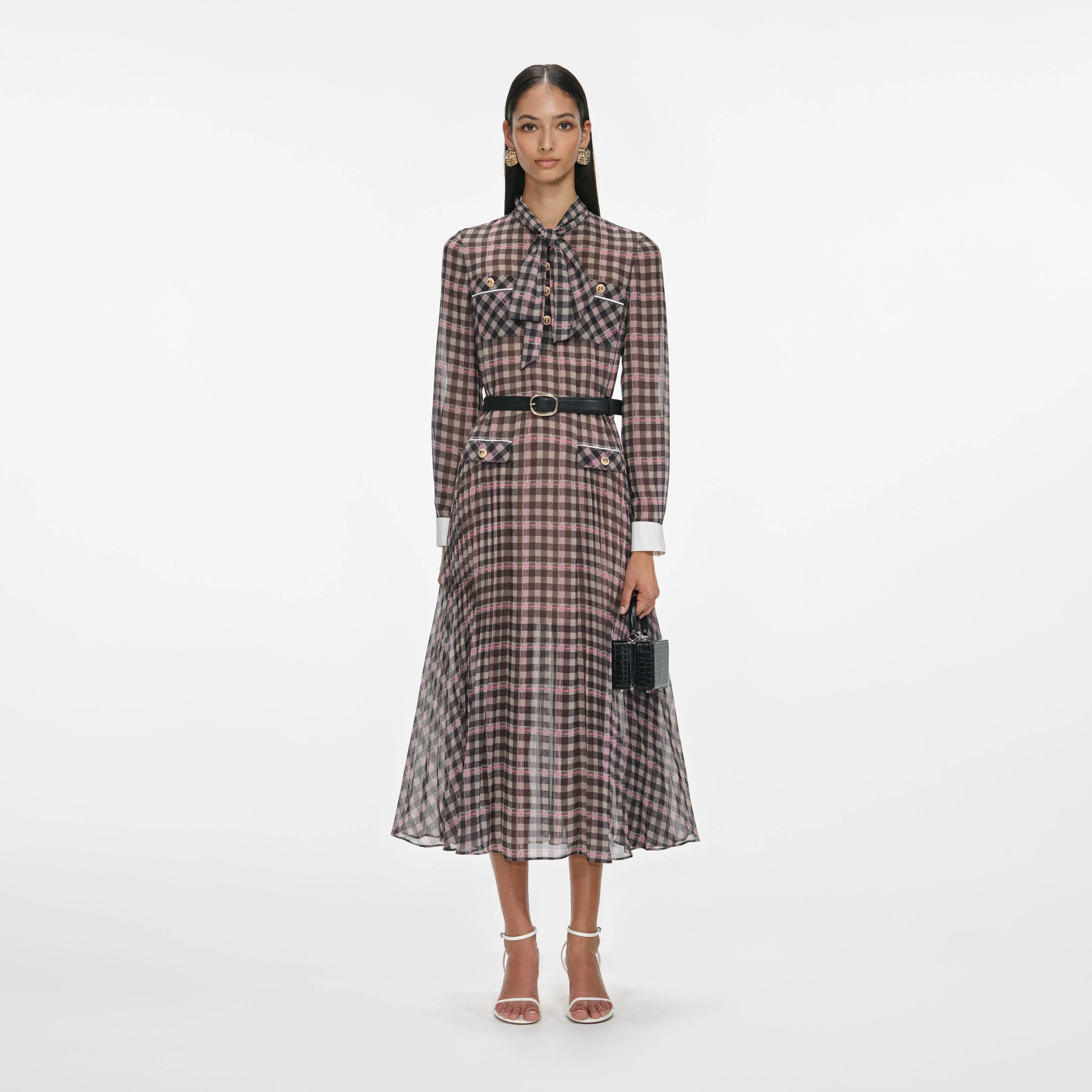 Self-Portrait Check Chiffon Midi Dress in Brown.png