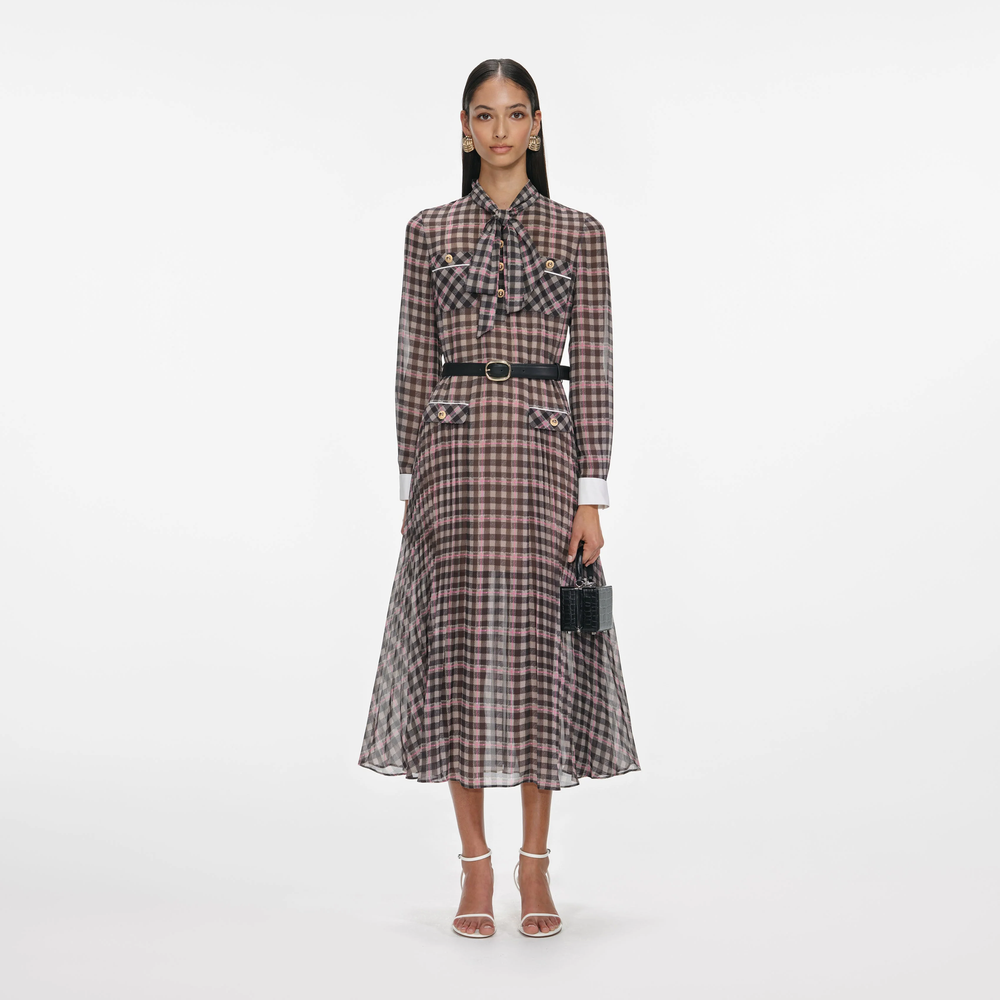 Self-Portrait Check Chiffon Midi Dress in Brown  UFO No More