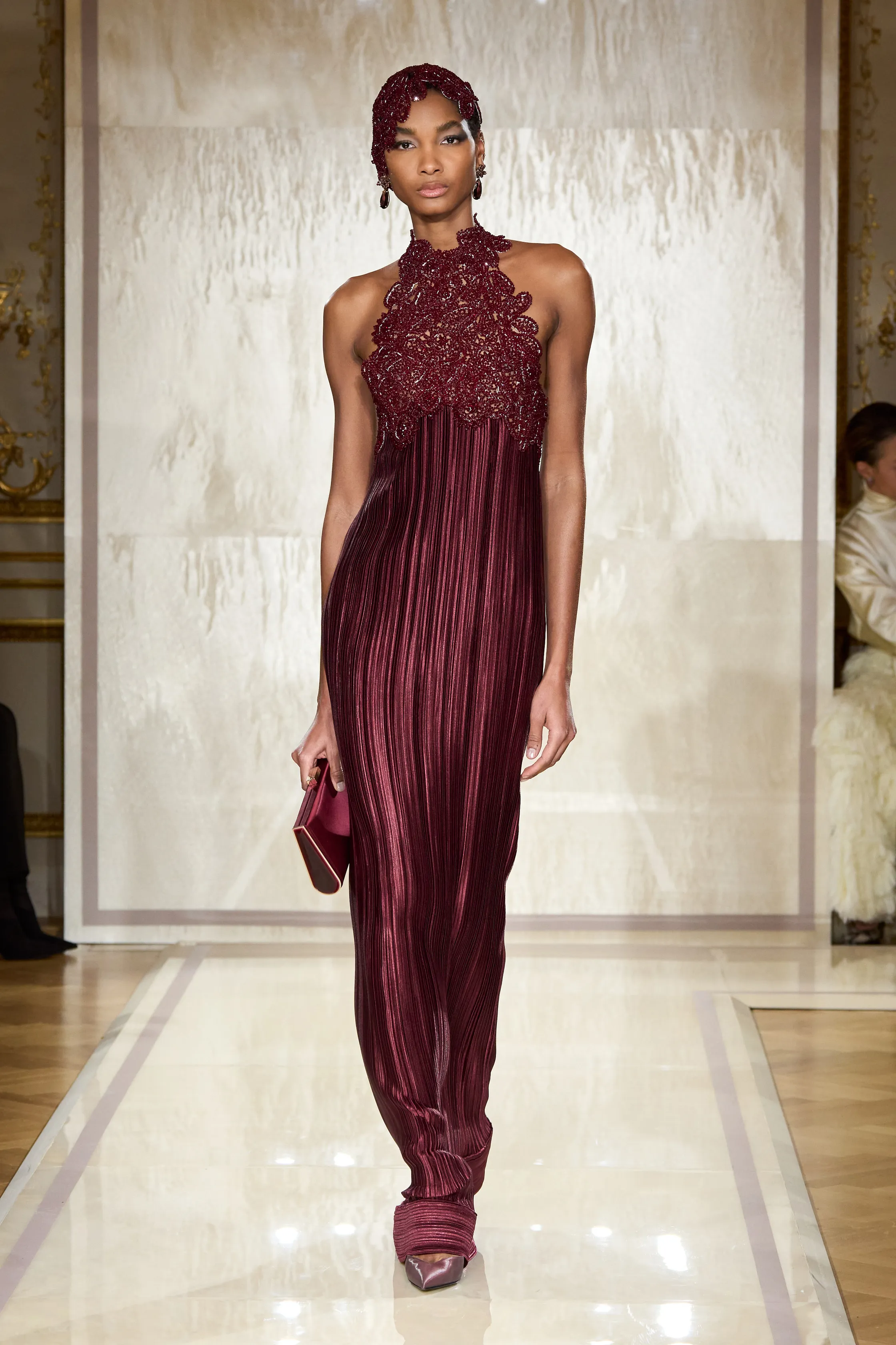 Armani Privé Pleated Lace Long Sleeve Gown 